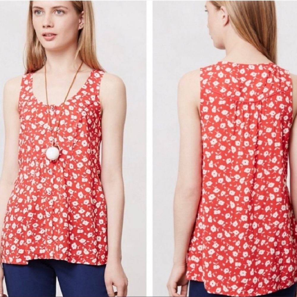 Anthropologie red floral sleeveless blouse